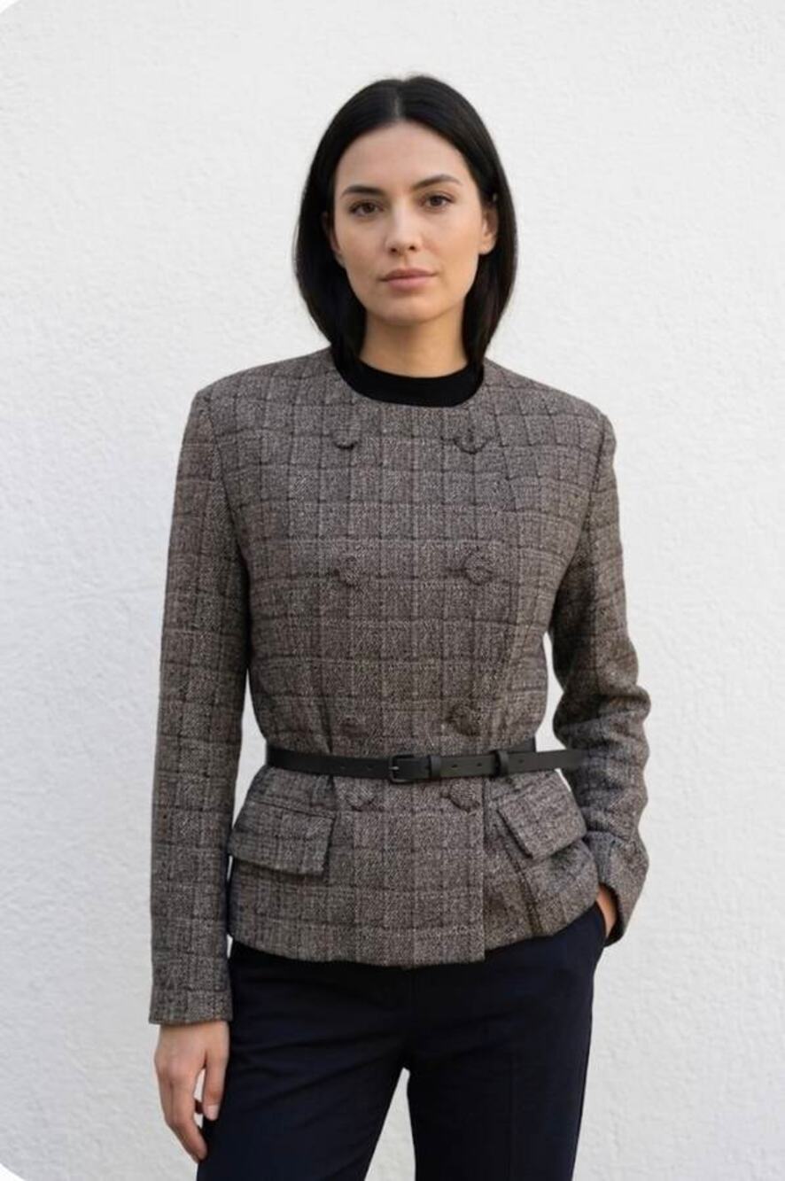 Odeeh Round Neck Belted Double Breasted Jacket in Black Copper Plaid 38 US 6